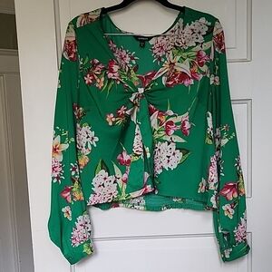 Express Green Floral Tie-Front Blouse